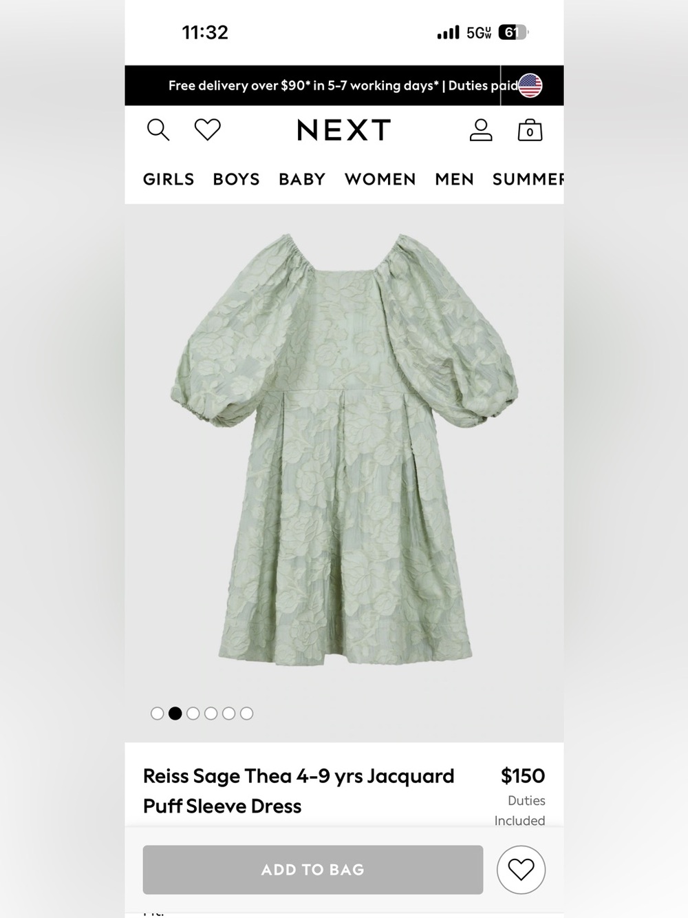 Reiss Sage Thea Girls Jacquard Puff Sleeve Dress - Sage Green